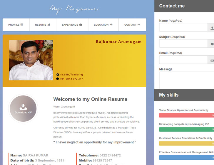 Raj Kumar Arumugam Online Resume Coimbatore